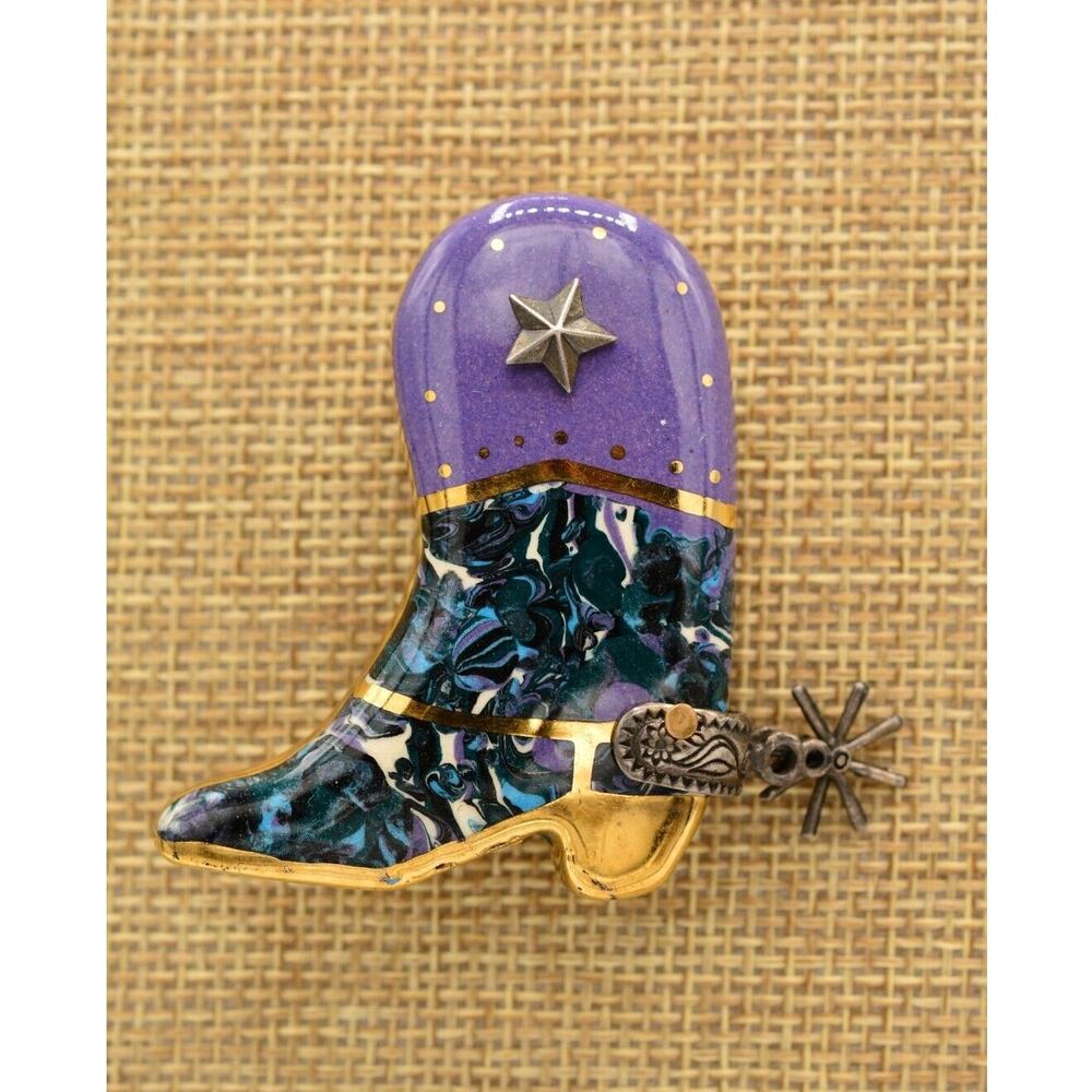 Vintage Cowboy Boot Pin Brooch Painted Porcelain Purple Handcrafted 1980s BinAC